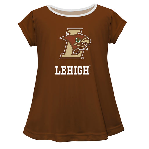 Lehigh University Mountain Hawks Vive La Fete Girls Game Day Short Sleeve Brown Top with School Logo and Name