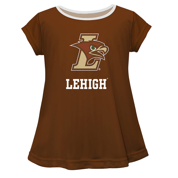 Lehigh University Mountain Hawks Vive La Fete Girls Game Day Short Sleeve Brown Top with School Logo and Name