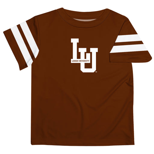 Lehigh University Mountain Hawks Vive La Fete Boys Game Day Brown Short Sleeve Tee with Stripes on Sleeves
