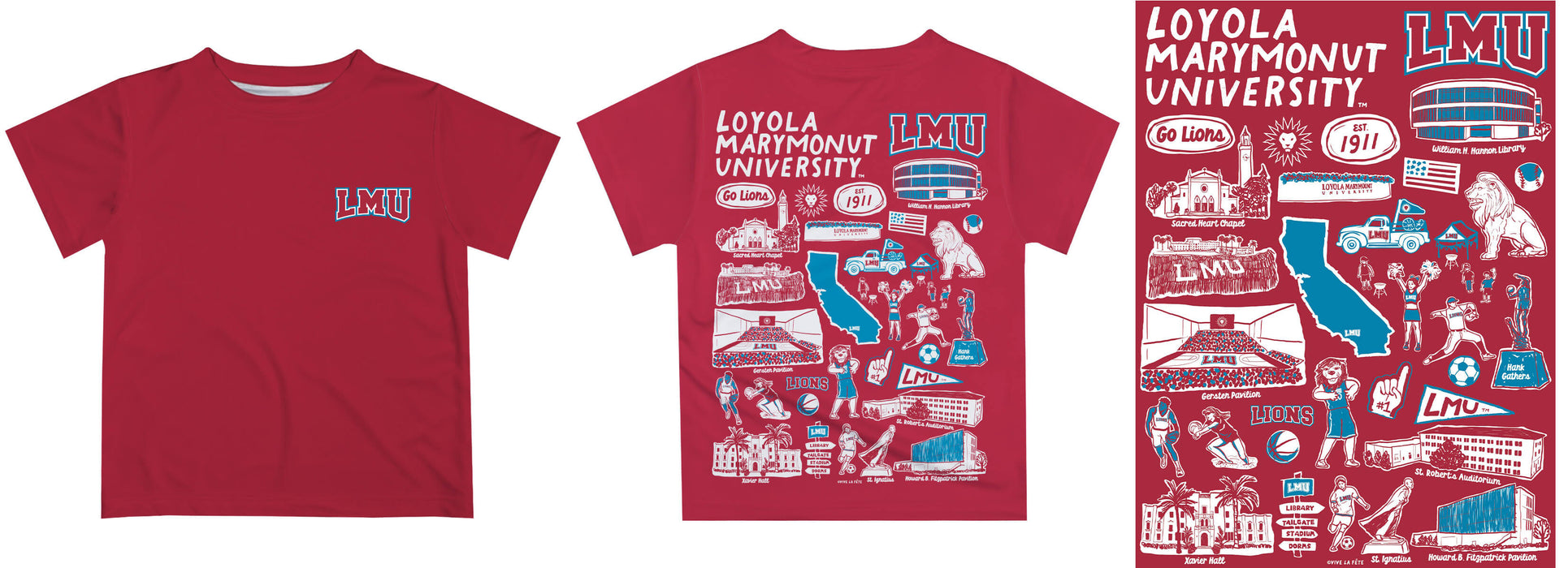 Loyola Marymount Lions Hand Sketched Vive La Fete Impressions Artwork Boys Red Short Sleeve Tee Shirt - Vive La Fête - Online Apparel Store