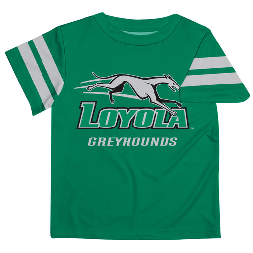 Loyola Maryland Greyhounds  Vive La Fete Boys Game Day Green Short Sleeve Tee with Stripes on Sleeves