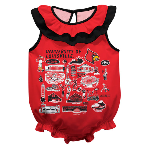 University of Louisville Cardinals  Red Hand Sketched Vive La Fete Impressions Artwork Sleeveless Ruffle Onesie Bodysuit