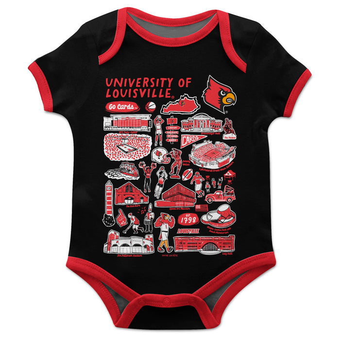 University of Louisville Cardinals Hand Sketched Vive La Fete Impressions Artwork Infant Black Short Sleeve Onesie Bodys