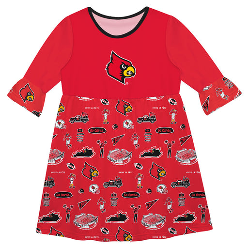 Louisville Cardinals 3/4 Sleeve Solid Red Repeat Print Hand Sketched Vive La Fete Impressions Artwork on Skirt