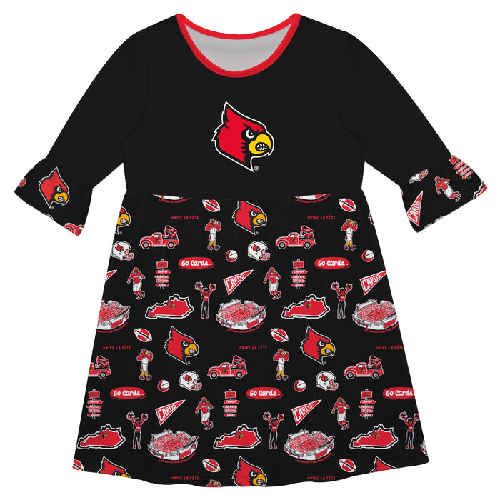 Louisville Cardinals 3/4 Sleeve Solid Black Repeat Print Hand Sketched Vive La Fete Impressions Artwork on Skirt