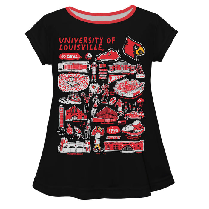 University of Louisville Cardinals Hand Sketched Vive La Fete Impressions Artwork Black Short Sleeve Top