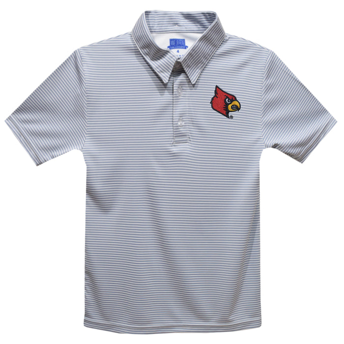University of Louisville Cardinals Embroidered Gray Stripes Short Sleeve Polo Box Shirt
