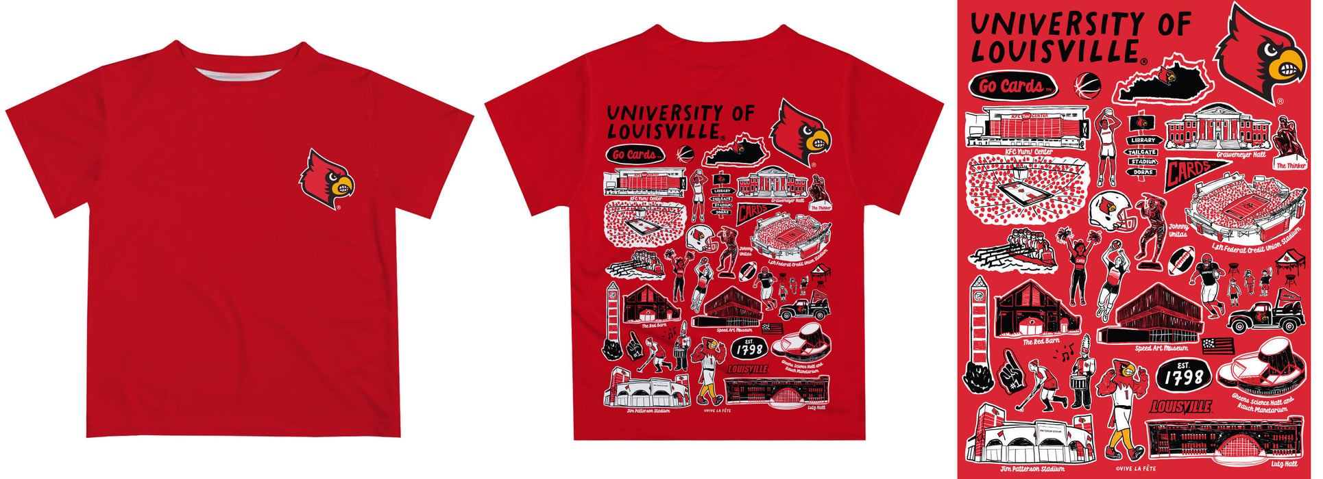 University of Louisville Cardinals Hand Sketched Vive La Fete Impressions Artwork Boys Black Short Sleeve Tee Shirt - Vive La Fête - Online Apparel Store