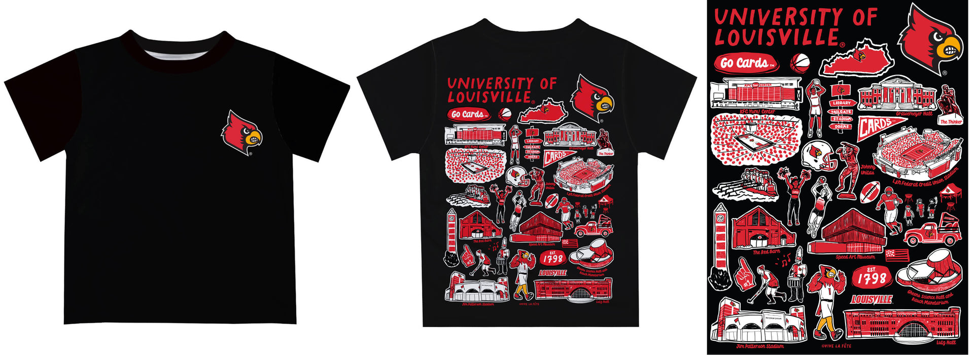 University of Louisville Cardinals Hand Sketched Vive La Fete Impressions Artwork Boys Black Short Sleeve Tee Shirt - Vive La Fête - Online Apparel Store
