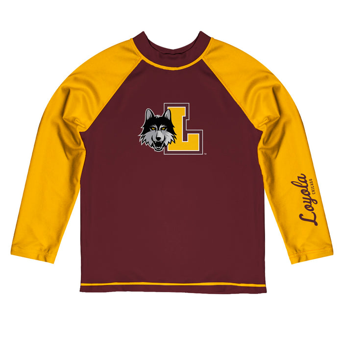 Loyola Chicago Ramblers LUC Vive La Fete Logo Maroon Gold Long Sleeve Raglan Rashguard