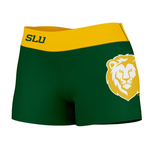Southeastern Lions Vive La Fete Logo on Thigh & Waistband Green Gold Women Yoga Booty Workout Shorts 3.75 Inseam
