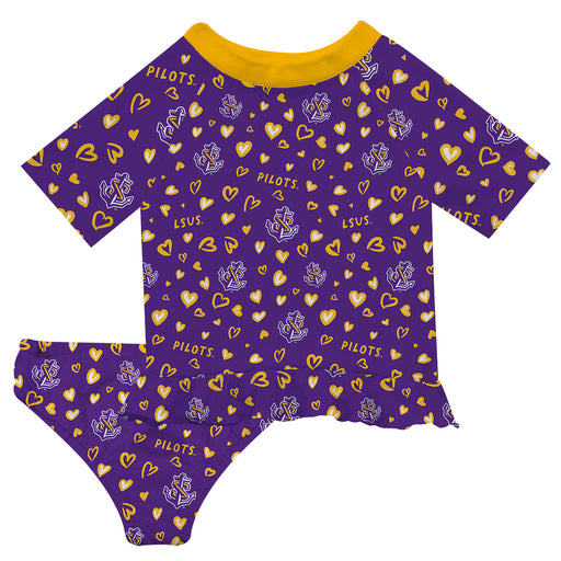 LSU Shreveport LSUS Pilots Vive La Fete All Over Logo Purple Long Sleeve Bikini Set