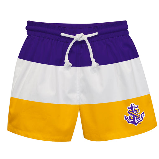 LSU Shreveport LSUS Pilots Vive La Fete Purple White Gold Stripes Swimtrunks V1