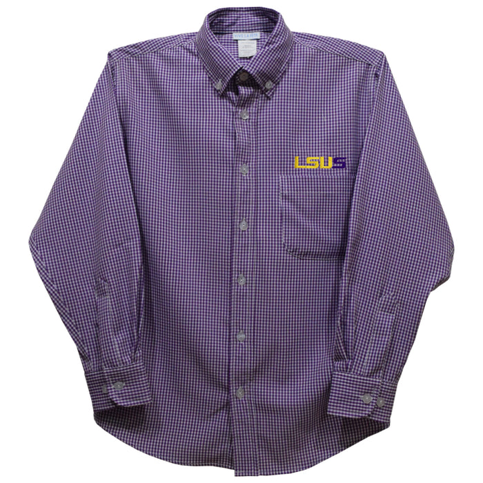 LSU Shreveport LSUS Pilots Embroidered Purple Gingham Long Sleeve Button Down Shirt
