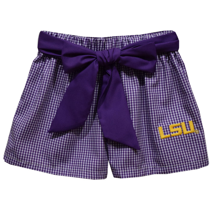 LSU Tigers Embroidered Purple Gingham Girls Short With Sash