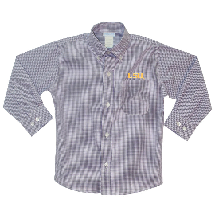 LSU Embroidered Purple Gingham Long Sleeve Button Down Shirt - Vive La Fête - Online Apparel Store