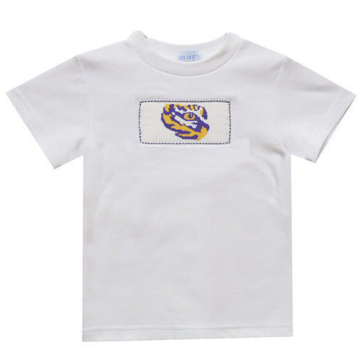 LSU Tigers Smocked White Knit Boys Short Sleeve Tee Shirt