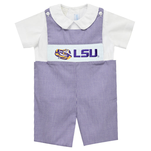 LSU Smocked Embroidered Purple Check Jon Jon and  Short Sleeve Shirt - Vive La Fête - Online Apparel Store