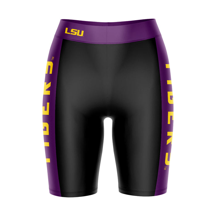 LSU Tigers Vive La Fete Game Day Logo on Waistband and Purple Stripes Black Women Bike Short 9 Inseam