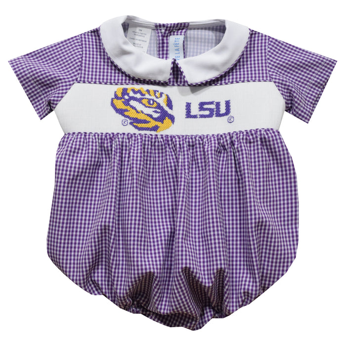 LSU Tigers Smocked Purple Gingham Short Sleeve Boys Bubble