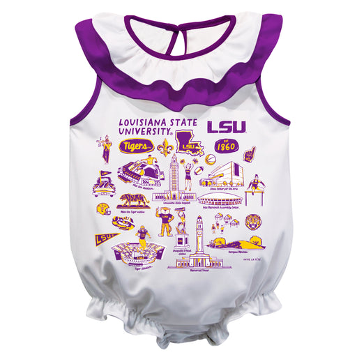 LSU Tigers  White Hand Sketched Vive La Fete Impressions Artwork Sleeveless Ruffle Onesie Bodysuit