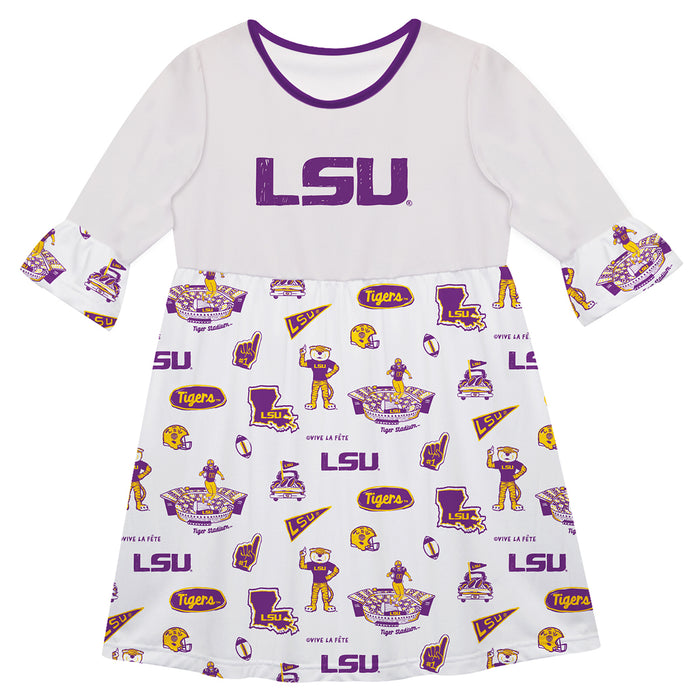LSU Tigers 3/4 Sleeve Solid White Repeat Print Hand Sketched Vive La Fete Impressions Artwork on Skirt
