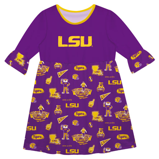 LSU Tigers 3/4 Sleeve Solid Purple Repeat Print Hand Sketched Vive La Fete Impressions Artwork on Skirt