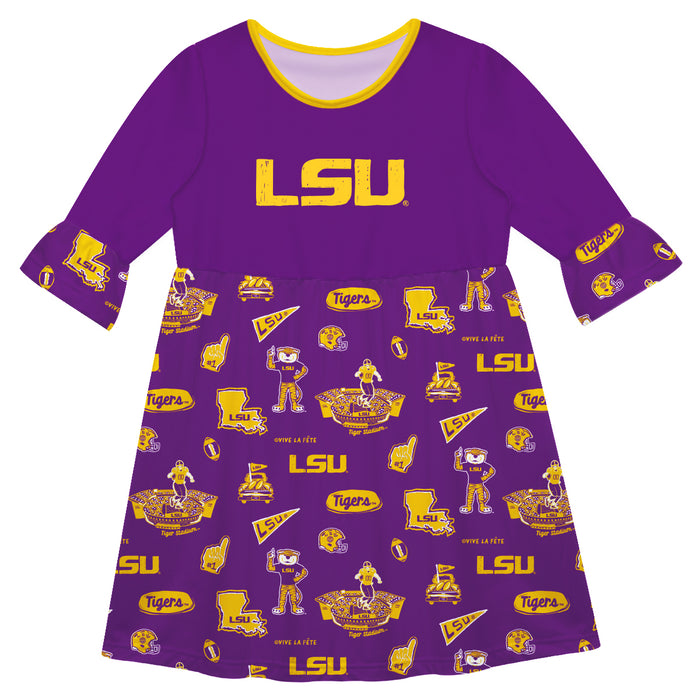 LSU Tigers 3/4 Sleeve Solid Purple Repeat Print Hand Sketched Vive La Fete Impressions Artwork on Skirt