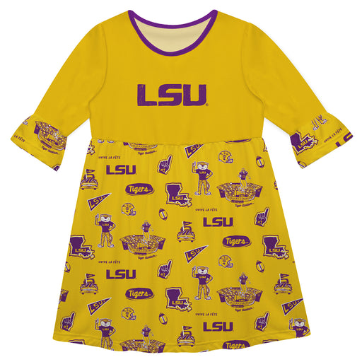 LSU Tigers 3/4 Sleeve Solid Gold Repeat Print Hand Sketched Vive La Fete Impressions Artwork on Skirt