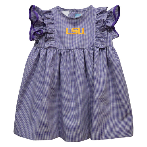 LSU Tigers Embroidered Purple Gingham Girls Ruffle Dress