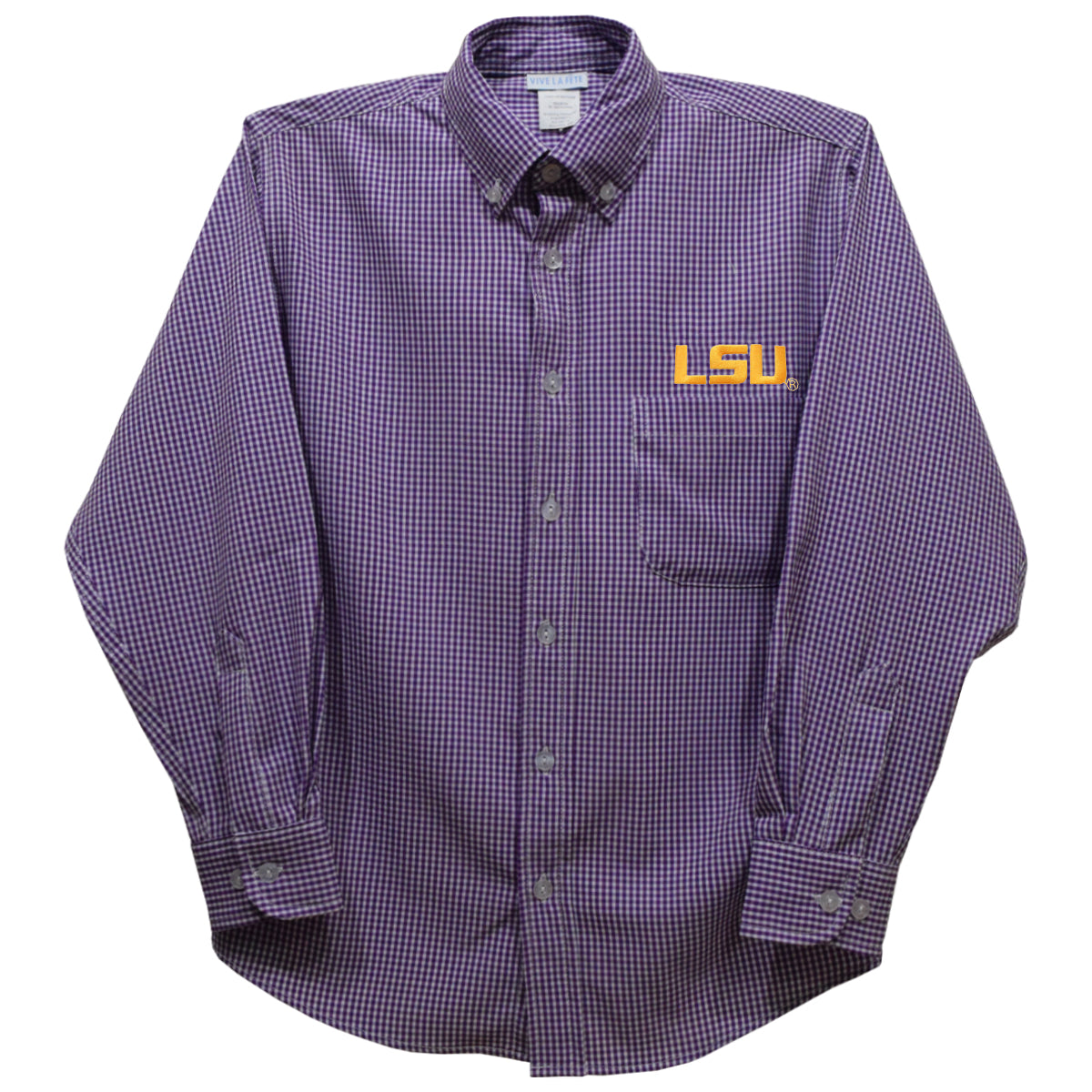 LSU Tigers Embroidered Purple Gingham Long Sleeve Button Down Shirt 12M - High Quality Apparels