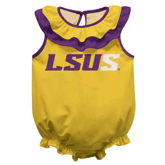 LSU Shreveport LSUS Pilots Gold Sleeveless Ruffle Onesie Logo Bodysuit by Vive La Fete