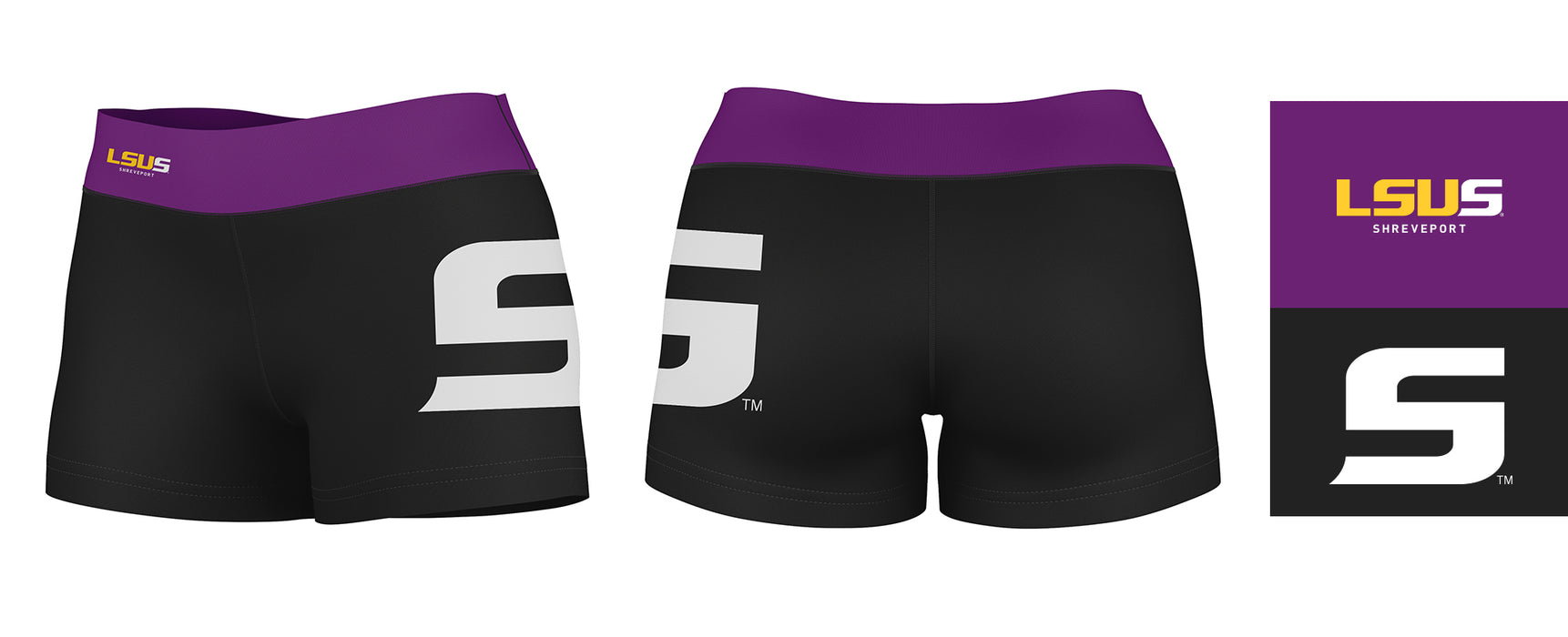LSU Shreveport LSUS Pilots Vive La Fete Logo on Thigh & Waistband Black & Purple Women Booty Workout Shorts 3.75 Inseam" - Vive La Fête - Online Apparel Store