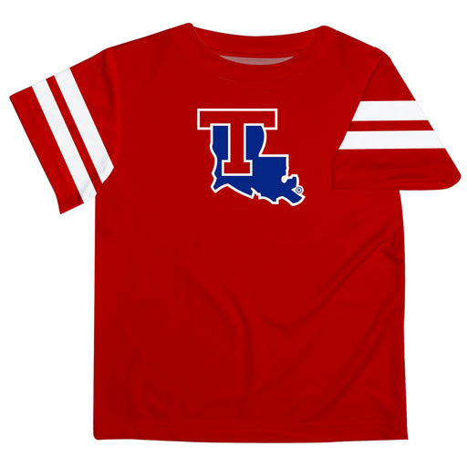 Louisiana Tech Bulldogs Vive La Fete Boys Game Day Red Short Sleeve Tee with Stripes on Sleeves