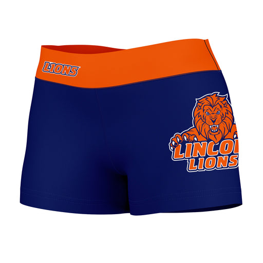 Lincoln Lions Vive La Fete Logo on Thigh & Waistband Blue Orange Women Yoga Booty Workout Shorts 3.75 Inseam