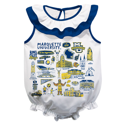 Marquette Golden Eagles  White Hand Sketched Vive La Fete Impressions Artwork Sleeveless Ruffle Onesie Bodysuit