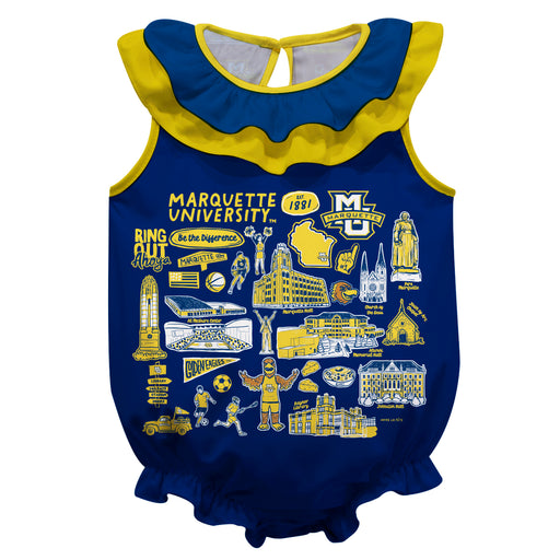 Marquette Golden Eagles  Navy Hand Sketched Vive La Fete Impressions Artwork Sleeveless Ruffle Onesie Bodysuit