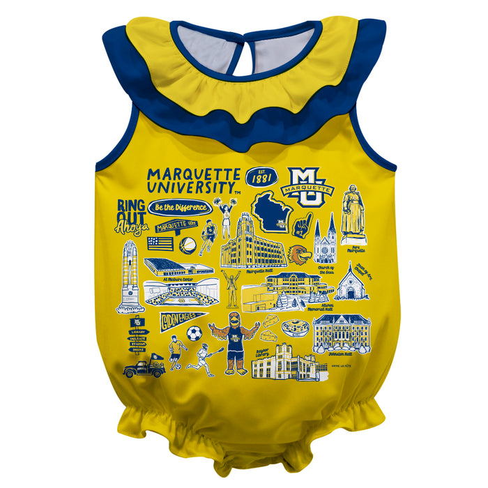 Marquette Golden Eagles  Gold Hand Sketched Vive La Fete Impressions Artwork Sleeveless Ruffle Onesie Bodysuit