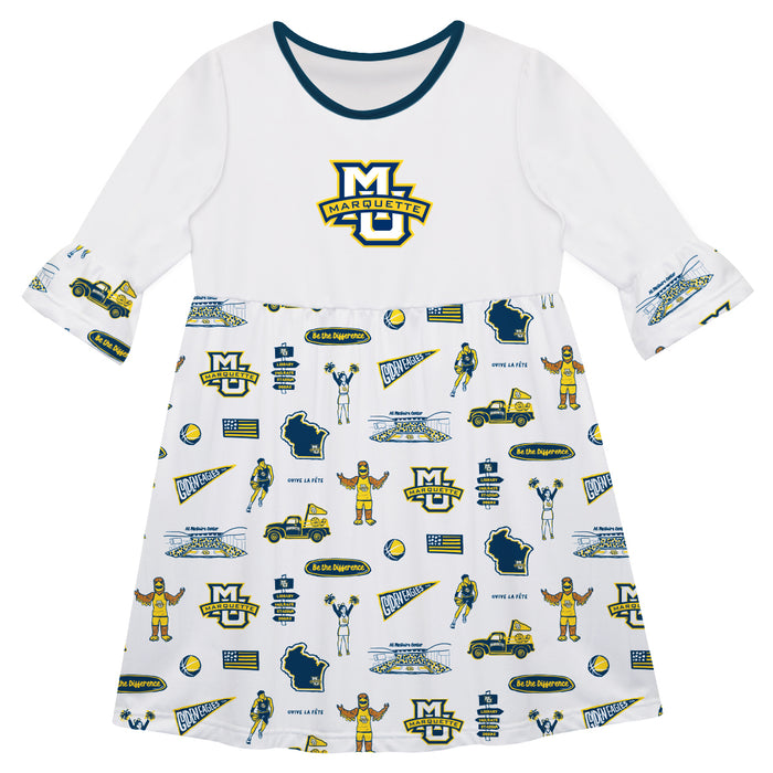 Marquette Golden Eagles 3/4 Sleeve Solid White Repeat Print Hand Sketched Vive La Fete Impressions Artwork on Skirt