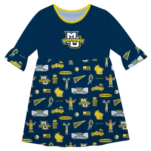 Marquette Golden Eagles 3/4 Sleeve Solid Navy Repeat Print Hand Sketched Vive La Fete Impressions Artwork on Skirt