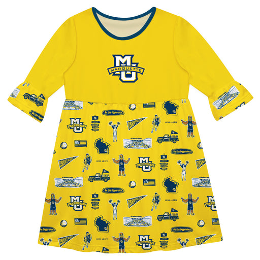 Marquette Golden Eagles 3/4 Sleeve Solid Gold Repeat Print Hand Sketched Vive La Fete Impressions Artwork on Skirt