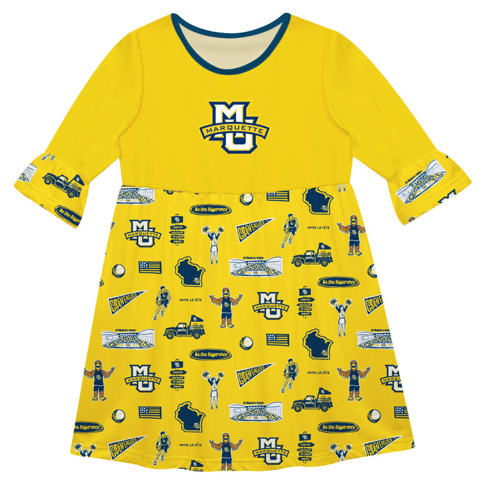Marquette Golden Eagles 3/4 Sleeve Solid Gold Repeat Print Hand Sketched Vive La Fete Impressions Artwork on Skirt