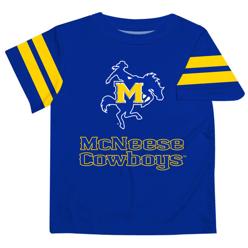 McNeese State Cowboys Vive La Fete Boys Game Day Blue Short Sleeve Tee with Stripes on Sleeves