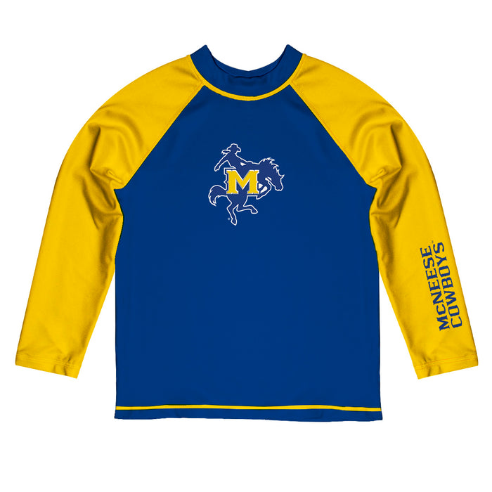 McNeese State Cowboys Vive La Fete Logo Blue Gold Long Sleeve Raglan Rashguard