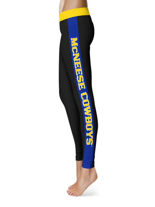 McNeese State University Cowboys Vive La Fete Game Day Collegiate Blue Stripes Women Black Yoga Leggings 2 Waist Tights - Vive La Fête - Online Apparel Store