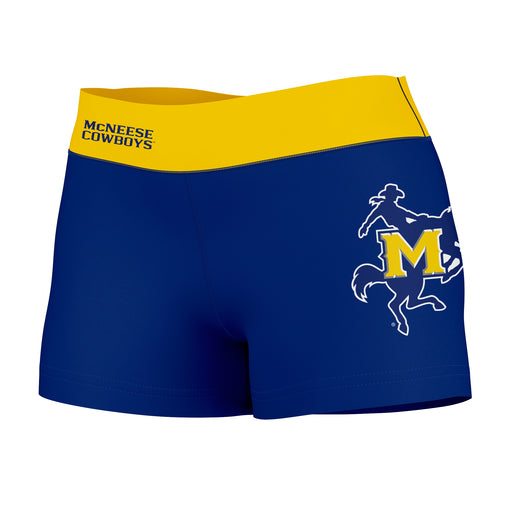 McNeese State Cowboys Vive La Fete Logo on Thigh & Waistband Blue Gold Women Yoga Booty Workout Shorts 3.75 Inseam