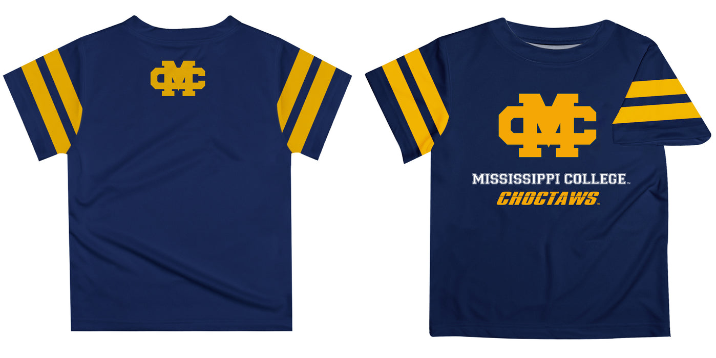 Mississippi College Choctaws Vive La Fete Boys Game Day Blue Short Sleeve Tee with Stripes on Sleeves - Vive La Fête - Online Apparel Store