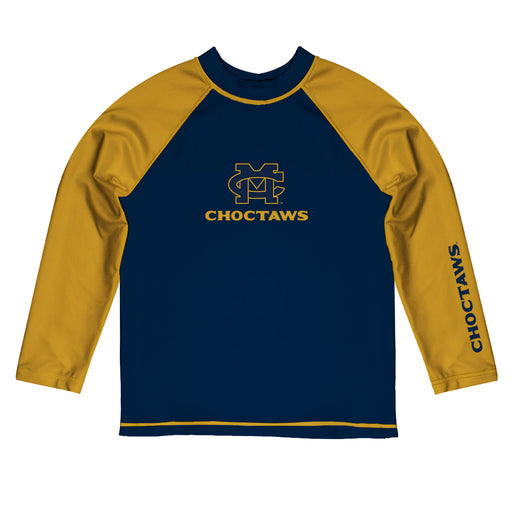 Mississippi College Choctaws Vive La Fete Logo Blue Gold Long Sleeve Raglan Rashguard