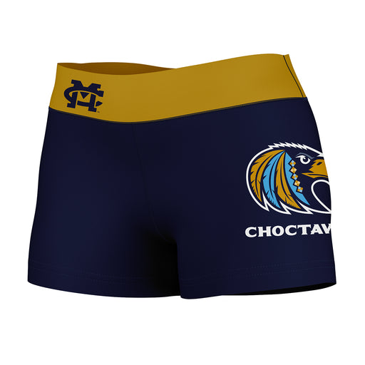 Mississippi Choctaws Vive La Fete Logo on Thigh & Waistband Blue Gold Women Yoga Booty Workout Shorts 3.75 Inseam