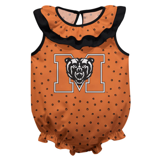 Mercer Bears MU Swirls Orange Sleeveless Ruffle Onesie Logo Bodysuit